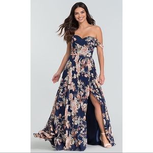 Kleinfeld Floral-Print Long Off-the-Shoulder Formal Dress